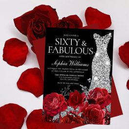 Red Roses Diamond Gown Black 60th Birthday Party Invitation