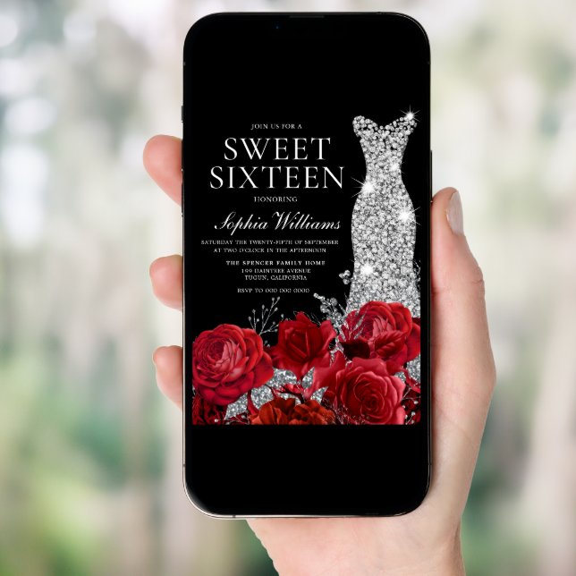Red Roses Diamond Gown Black Sweet 16 Birthday Invitation (Front Digital)