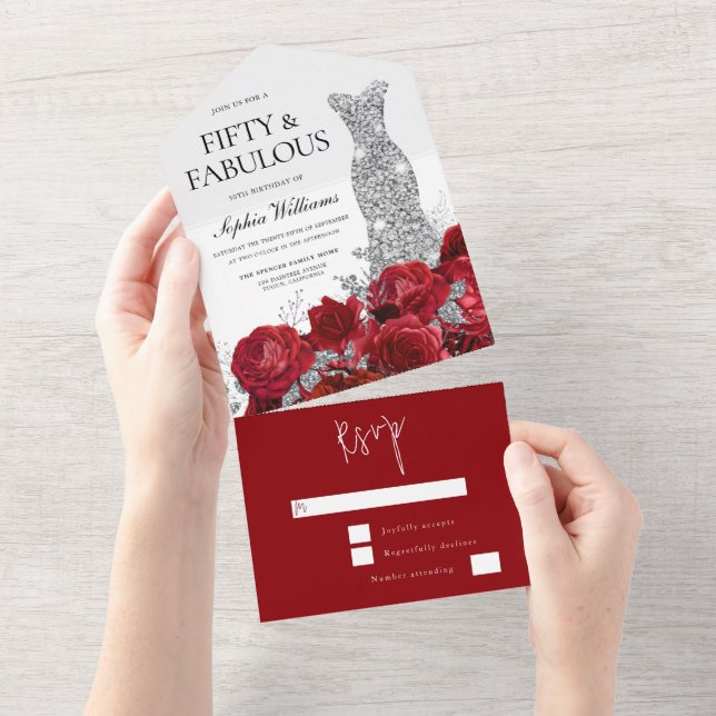 Red Roses Diamond Gown Dress 50th Birthday Party All In One Invitation (Tearaway)