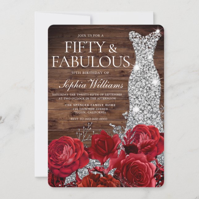 Red Roses Diamond Gown Rustic 50th Birthday Invitation (Front)