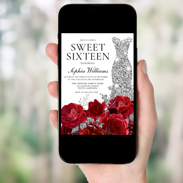 Red Roses Diamond Gown Sweet 16 Birthday Party Invitation (Front Digital)