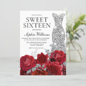 Red Roses Diamond Gown Sweet 16 Birthday Party Invitation (Standing Front)