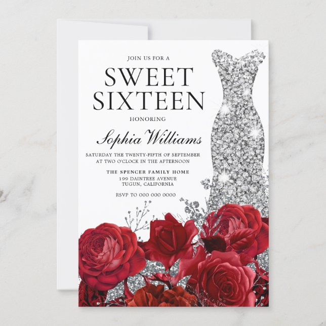 Red Roses Diamond Gown Sweet 16 Birthday Party Invitation (Front)