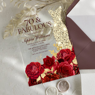 Red Roses Diamond Gown Woman's 70th Birthday Acrylic Invitations