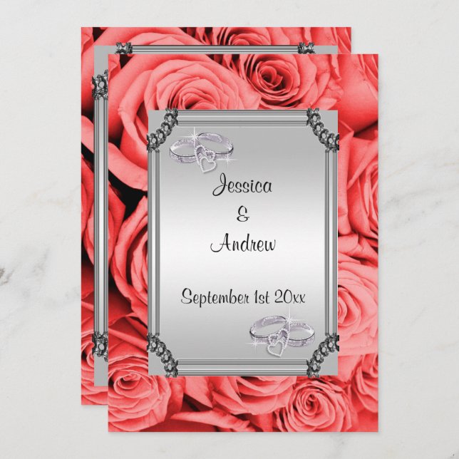 Red Roses & Diamond Wedding Rings Invitation (Front/Back)