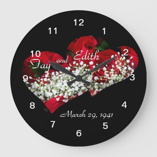 Red Roses  Double Hearts Clock_ customize Large Clock