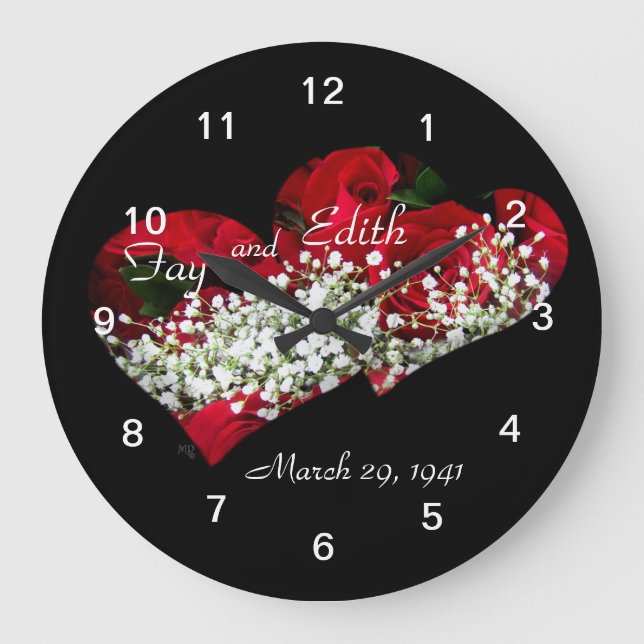 Red Roses & Double Hearts Clock- customize Large Clock (Front)