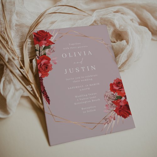 Red Roses  Dusty Pink Geometric Wreath Wedding  Invitation