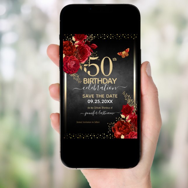 Red roses elegant 50th birthday Invitation (Front Digital)