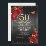 Red roses elegant 50th birthday Invitation<br><div class="desc">Elegant Faux gold confetti highlights on the top and bottom border. Bright deep red roses with gold floral accents. All text is adjustable and easy to change for your own party needs. Great elegant 50th birthday template design.</div>