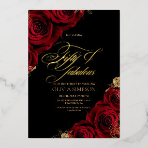 Red Roses Elegant Black Gold Birthday Foil Invitation