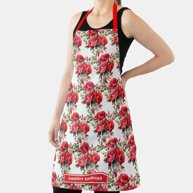 Red Roses Elegant Floral  Apron (Insitu)
