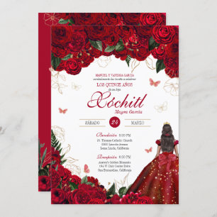Red Roses Elegant Floral & Butterfly Quinceanera Invitation