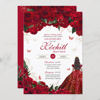 Red Roses Elegant Floral & Butterfly Quinceanera Invitation