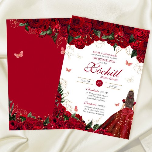 Red Roses Elegant Floral  Butterfly Quinceanera Invitation