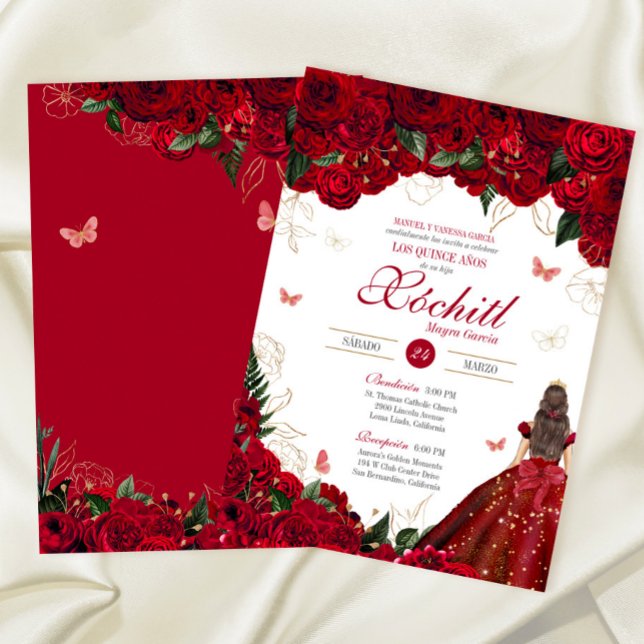 Red Roses Elegant Floral & Butterfly Quinceanera Invitation (Creator Uploaded)