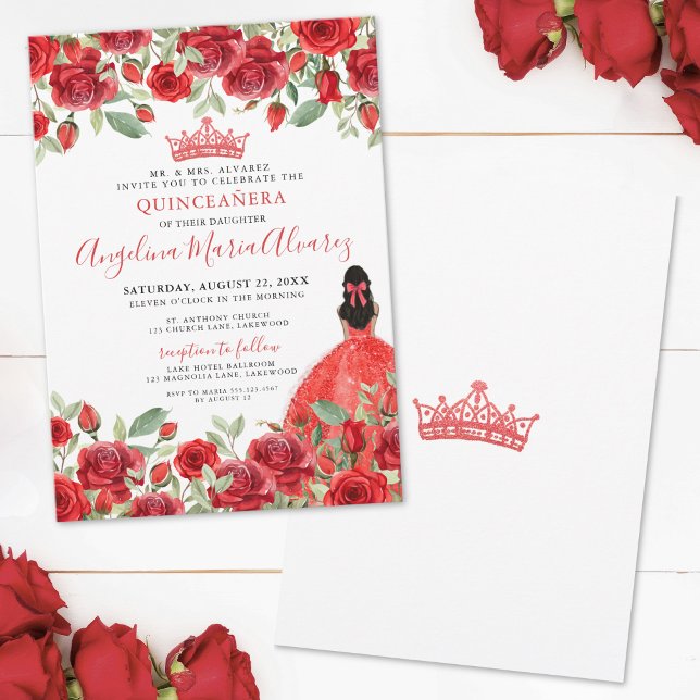 Red Roses Elegant Floral Quinceanera Invitation (Red Roses Elegant Floral Quinceanera Invitation )