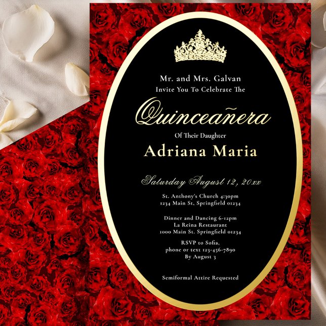 Red Roses Elegant Gold Floral Quinceanera   Foil Invitation (Creator Uploaded)