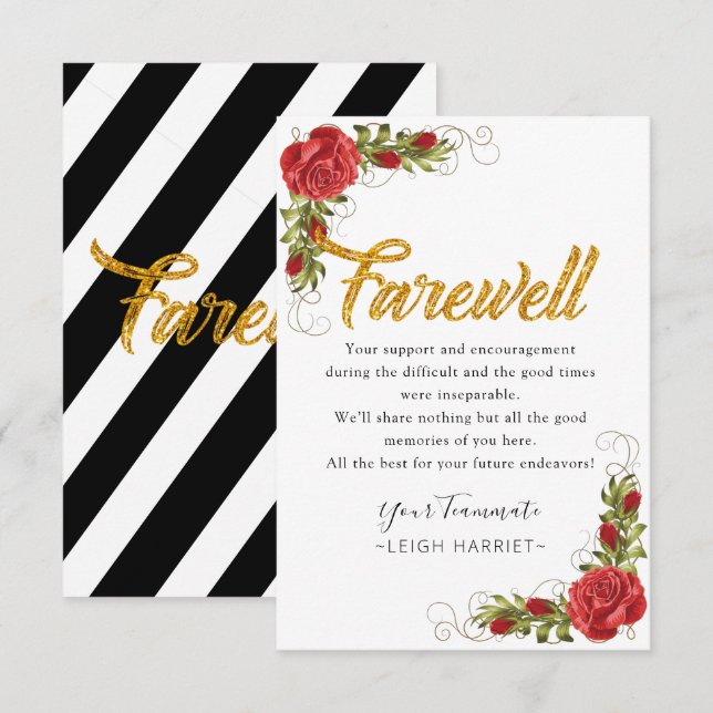 Red Roses Elegant Leaving Coworker farewell card (Front/Back)