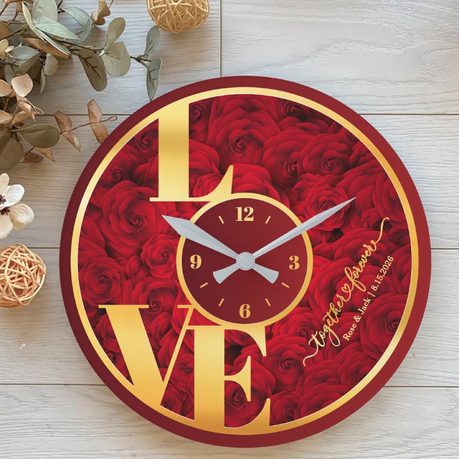 Red Roses Elegant Love Typography Couple Valentine Large Clock (Creator Uploaded)