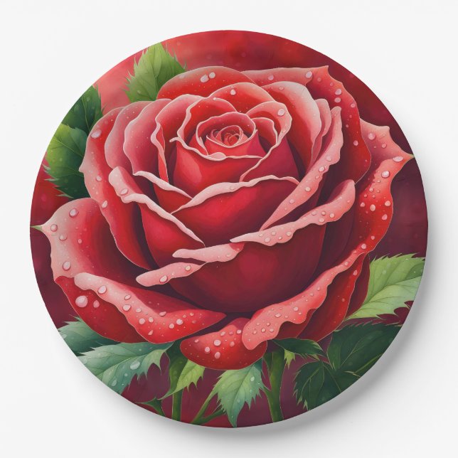 Red Roses Elegant Pretty  Paper Plates (Front)