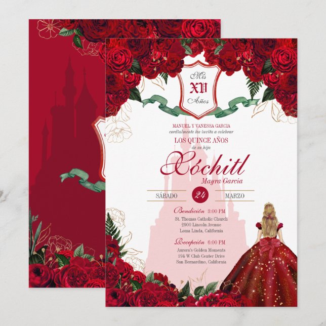 Red Roses Elegant Princess Castle Quinceanera  Invitation (Front/Back)