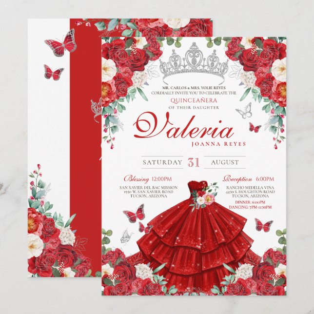 Red Roses Elegant Silver Butterfly Quinceañera Invitation (Front/Back)