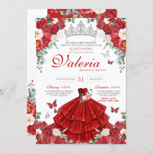 Red Roses Elegant Silver Butterfly Quinceañera Invitation