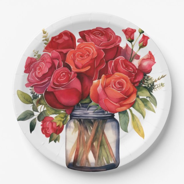 Red Roses Elegant Wedding Paper Plates (Front)