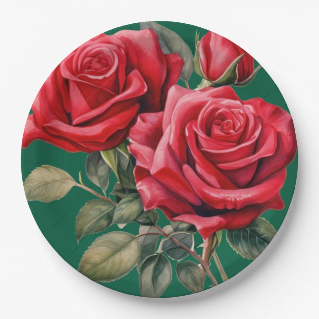 Red Roses Elegant Wedding Paper Plates (Front)