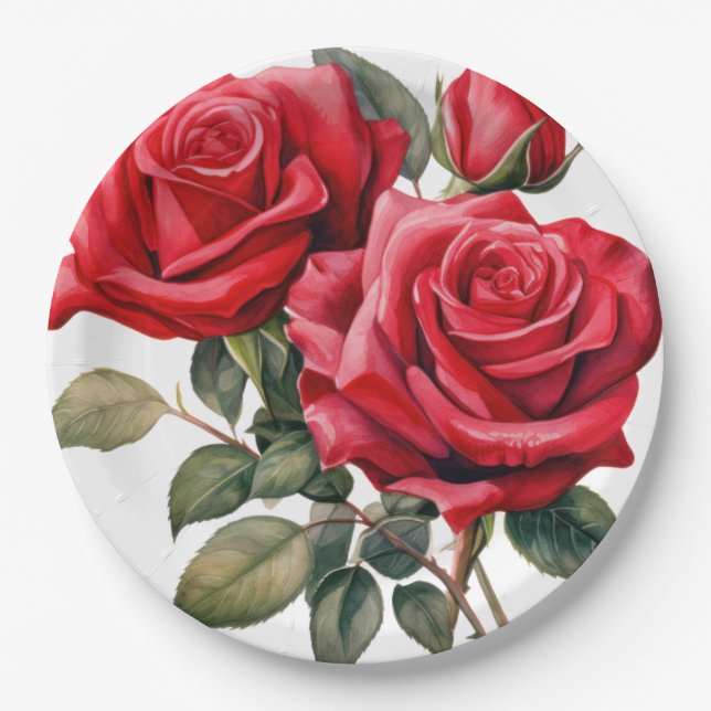 Red Roses Elegant Wedding Paper Plates (Front)