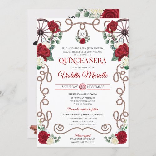 Red Roses Elegant Western Charro Quinceanera Invitation
