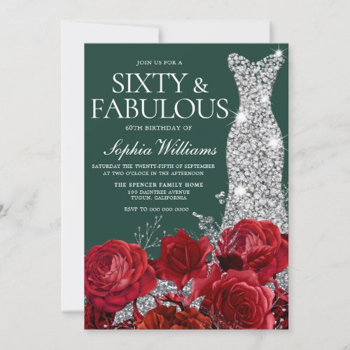 Red Roses Emerald Green 60th Birthday Party  Invitation