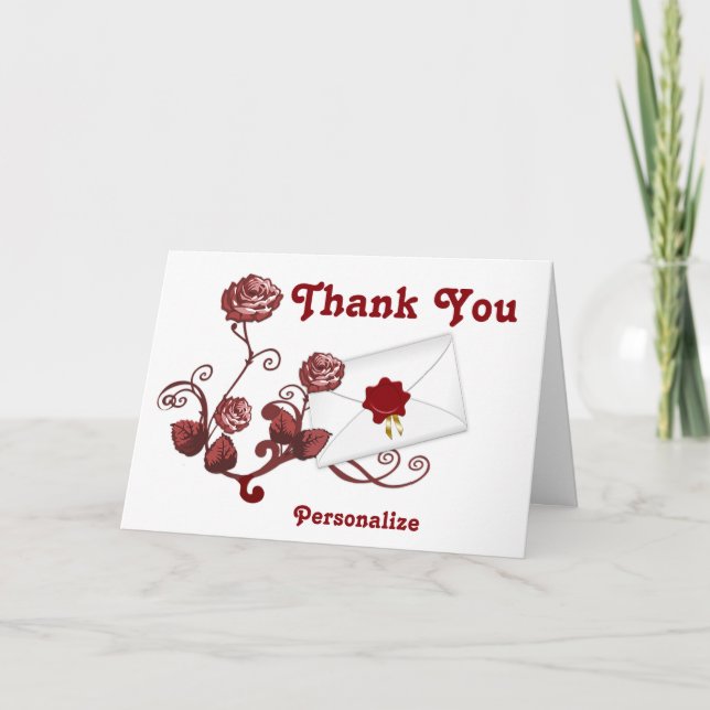 Red Roses & Envelope Thank You  - Personalize Card (Front)