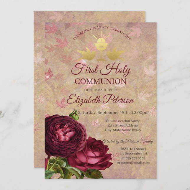 Red Roses Falling Leaves First Holy Communion   Invitation (Front/Back)