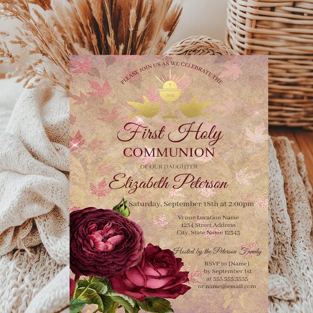 Red Roses Falling Leaves First Holy Communion   Invitation (Creator Uploaded)