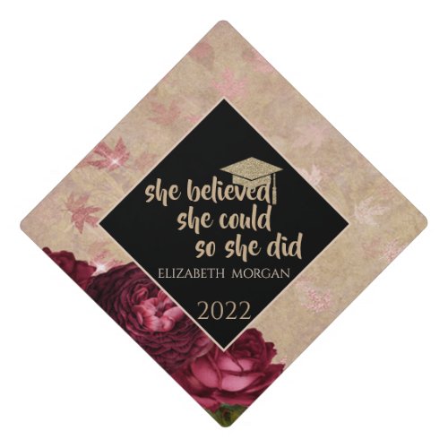  Red Roses Falling Leaves Glitter Graduate Cap