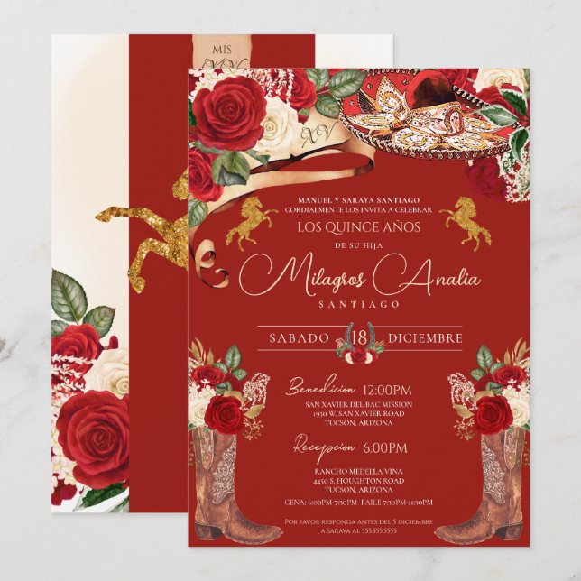 Red Roses Fancy Mariachi Charra Quinceanera Invitation (Front/Back)