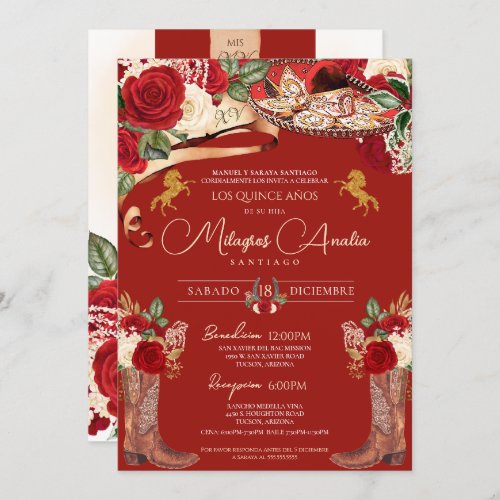Red Roses Fancy Mariachi Charra Quinceanera Invitation