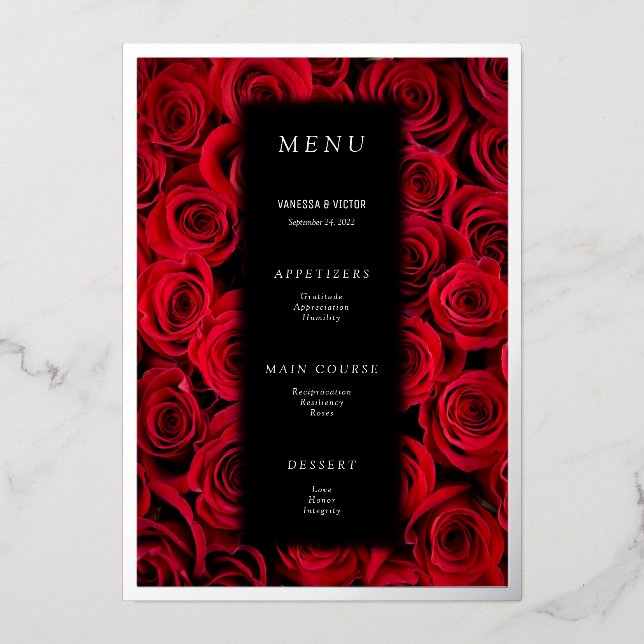 Red Roses Faux Silver Black Luxury Wedding Menu Foil Invitation (Front)