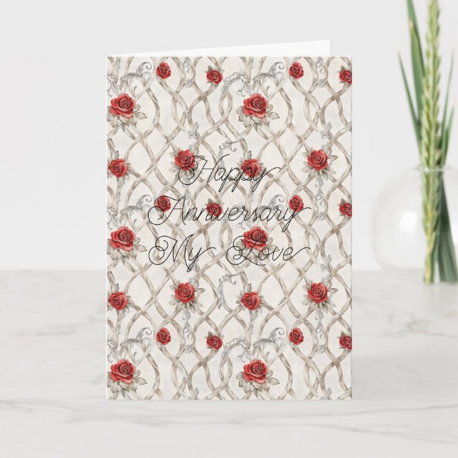 Red Roses Faux Wood Floral Anniversary Card (Front)