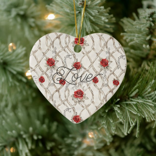 Red Roses Faux Wood Floral Christmas Ceramic Ornament (Tree)