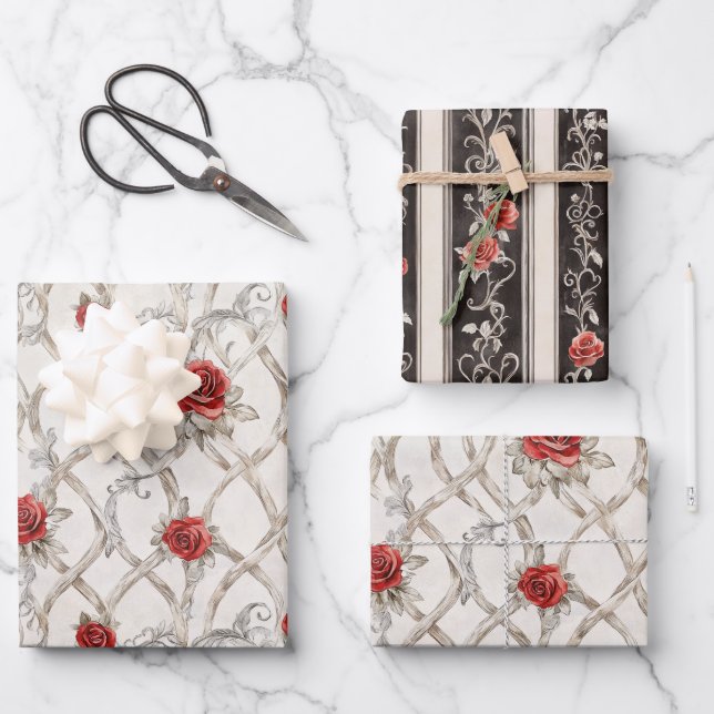 Red Roses Faux Wood Floral Wedding Wrapping Paper Sheets (Front)