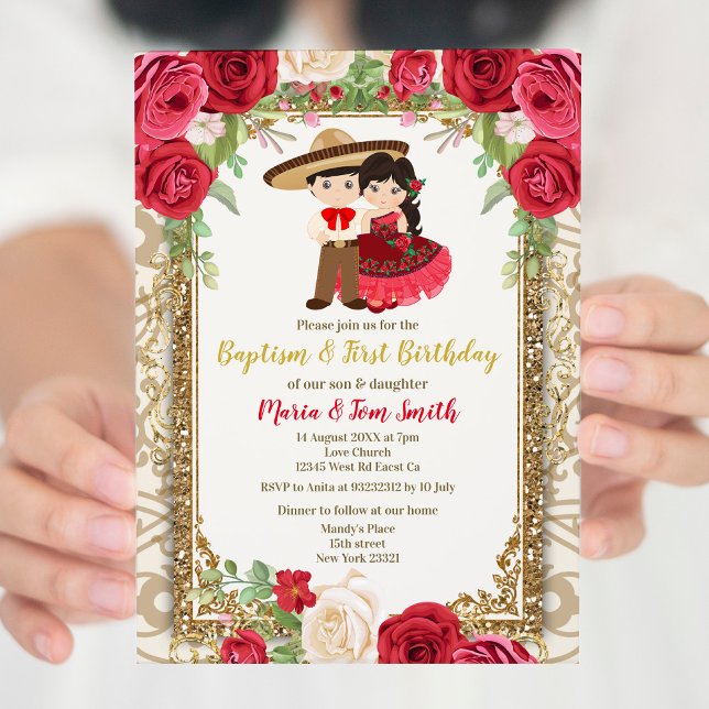 Red Roses Fiesta Birthday and Baptism for twin  Invitation (Creator Uploaded)