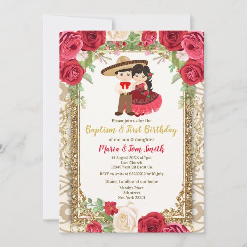 Red Roses Fiesta Birthday and Baptism for twin  Invitation