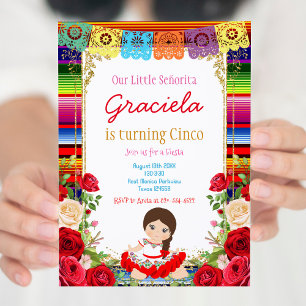 Red Roses Fiesta Birthday Gold Girl   Invitation