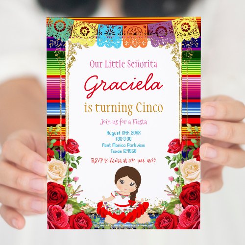 Red Roses Fiesta Birthday Gold Girl   Invitation