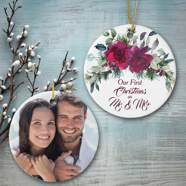 Red Roses First Christmas Photo Template Ceramic Ornament (Creator Uploaded)