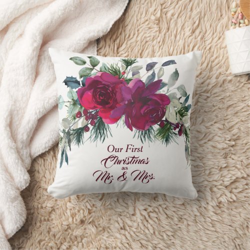 Red Roses First Christmas Photo Template Throw Pillow