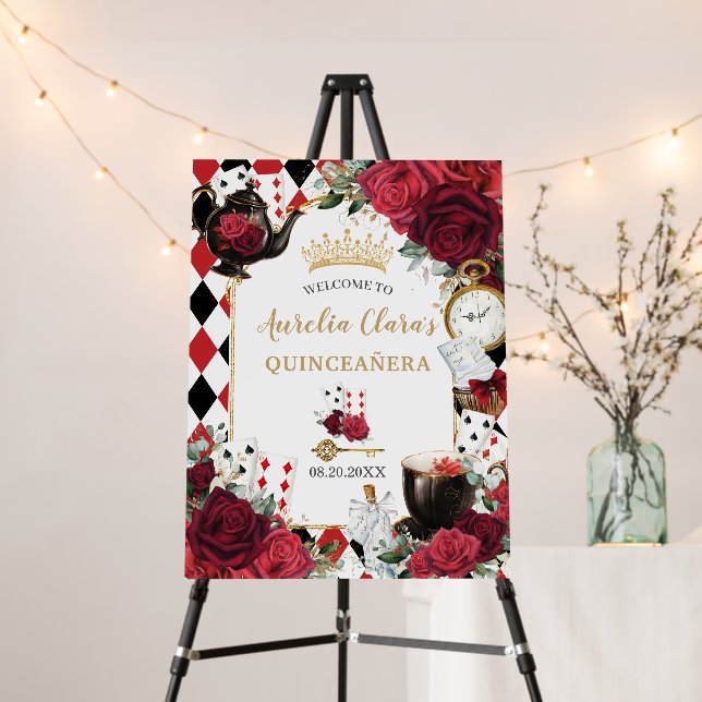 Red Roses Floral Alice in Wonderland Quinceañera Foam Board (In Situ (Stand))